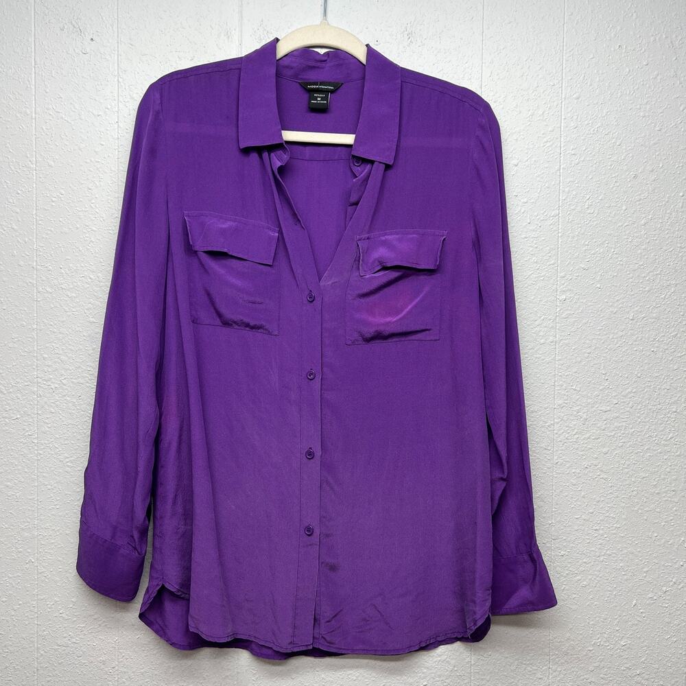 Moda International 100% Silk Purple Shirt Womens Medium Career Quiet Luxury Chic
